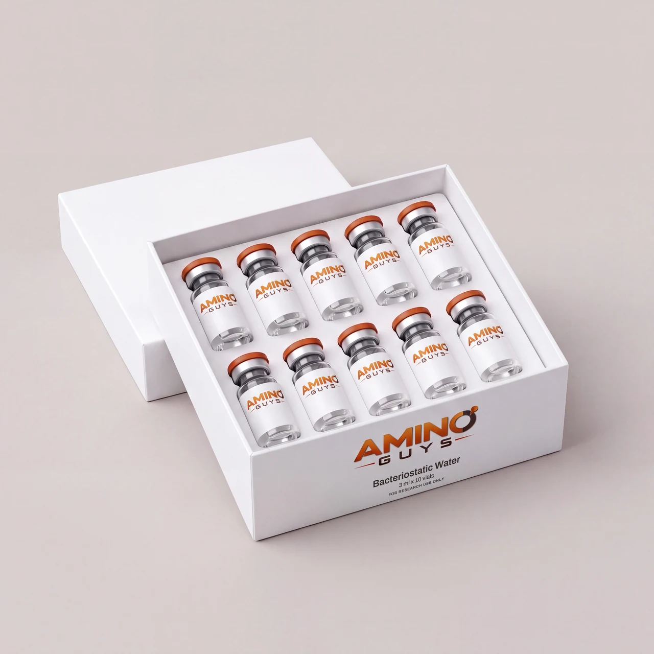 Amino Guys Bacteriostatic Water 3 ml kit: 10 labeled glass vials in a white box