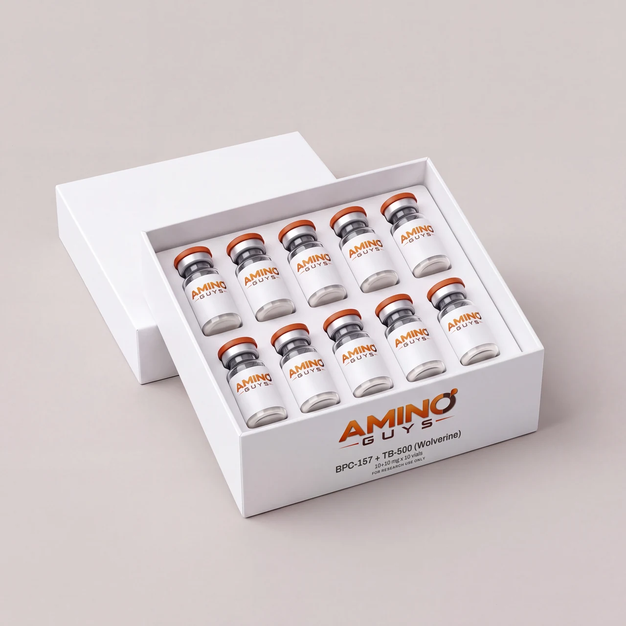 Amino Guys BPC-157 + TB-500 (Wolverine) 10+10 mg kit: 10 labeled glass vials in a white box