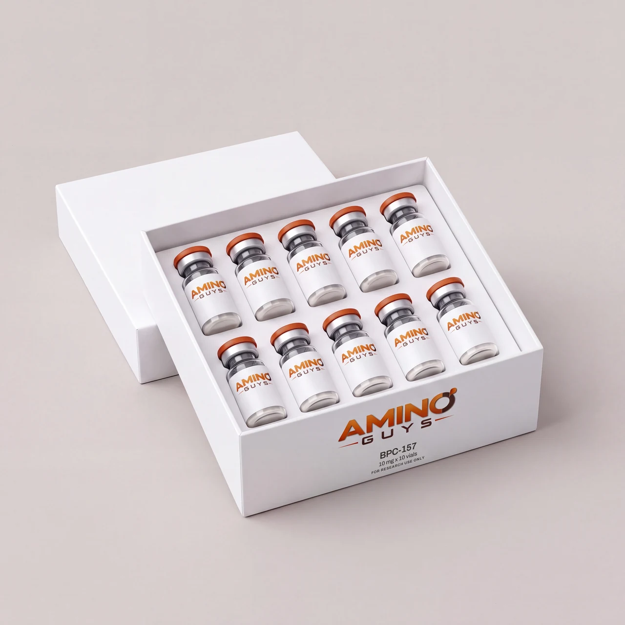 Amino Guys BPC-157 10 mg kit: 10 labeled glass vials in a white box