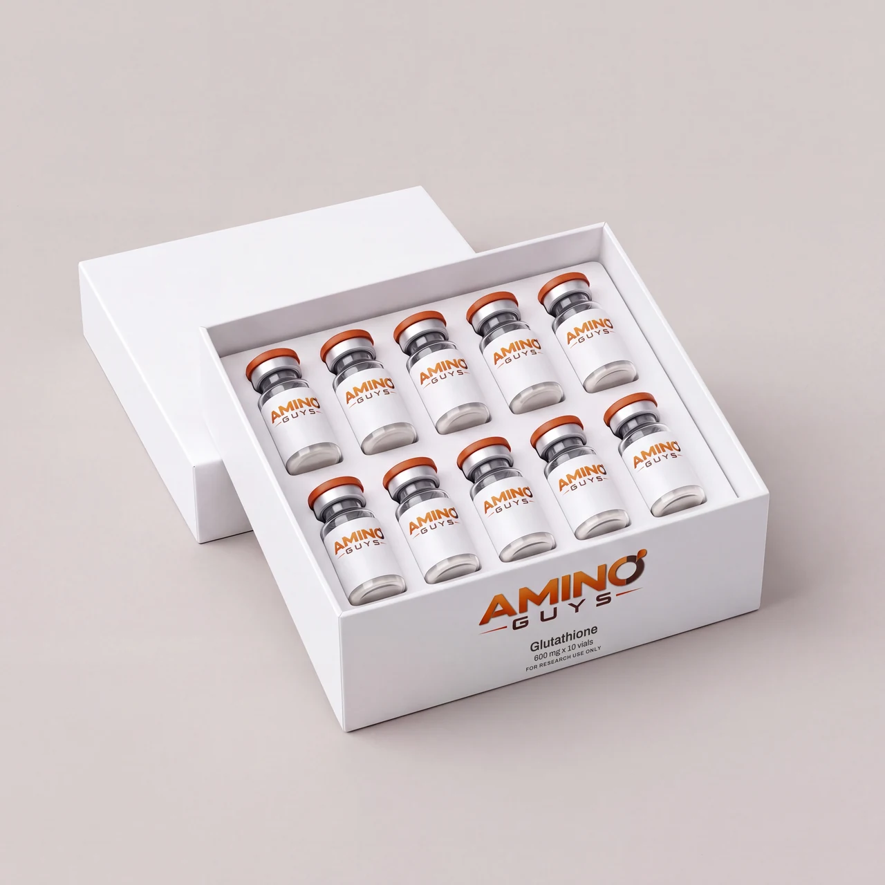 Amino Guys Glutathione 600 mg kit: 10 labeled glass vials in a white box
