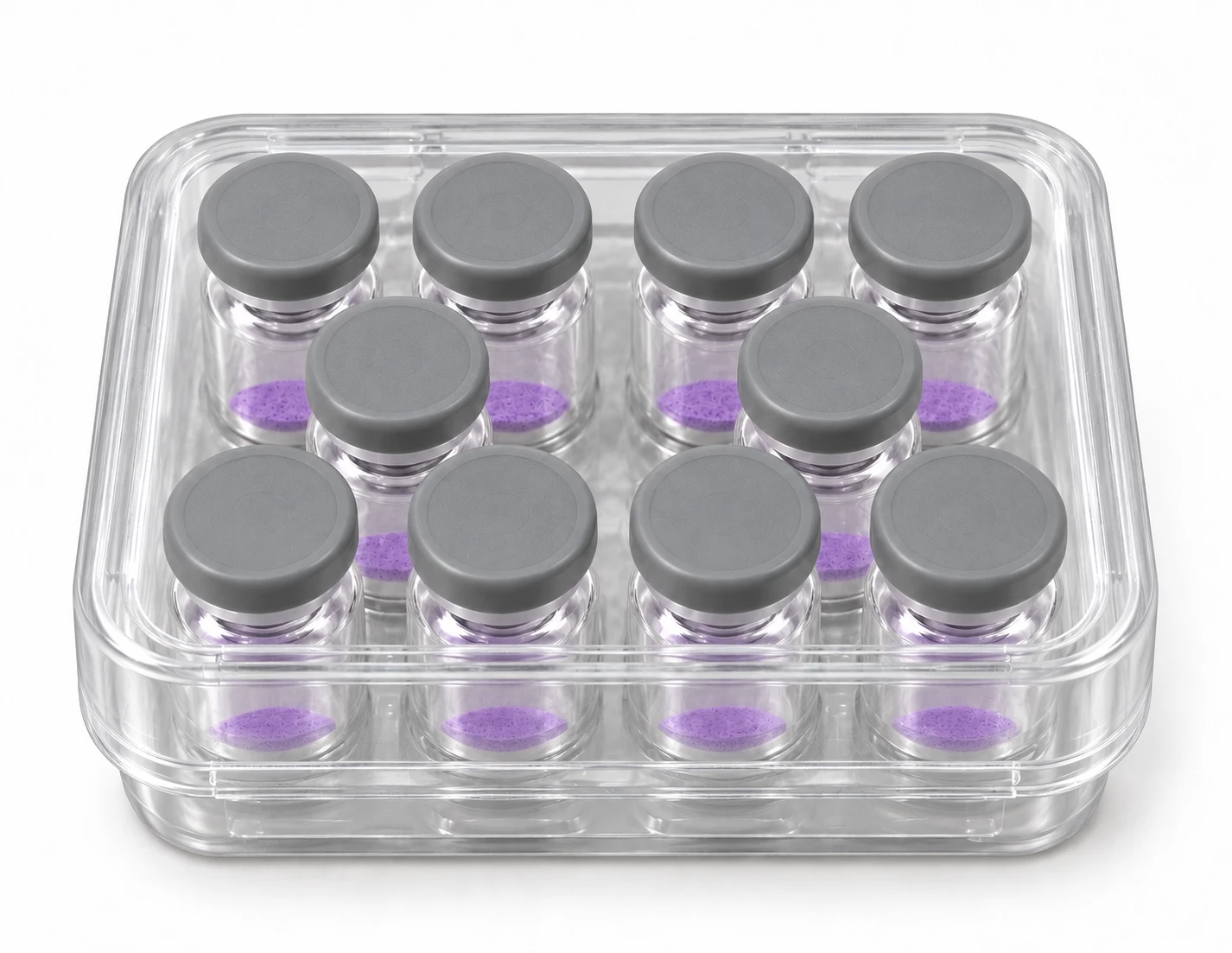 Packaging illustration: ten unlabelled glass vials with gray caps in a compact clear plastic kit case with its lid closed